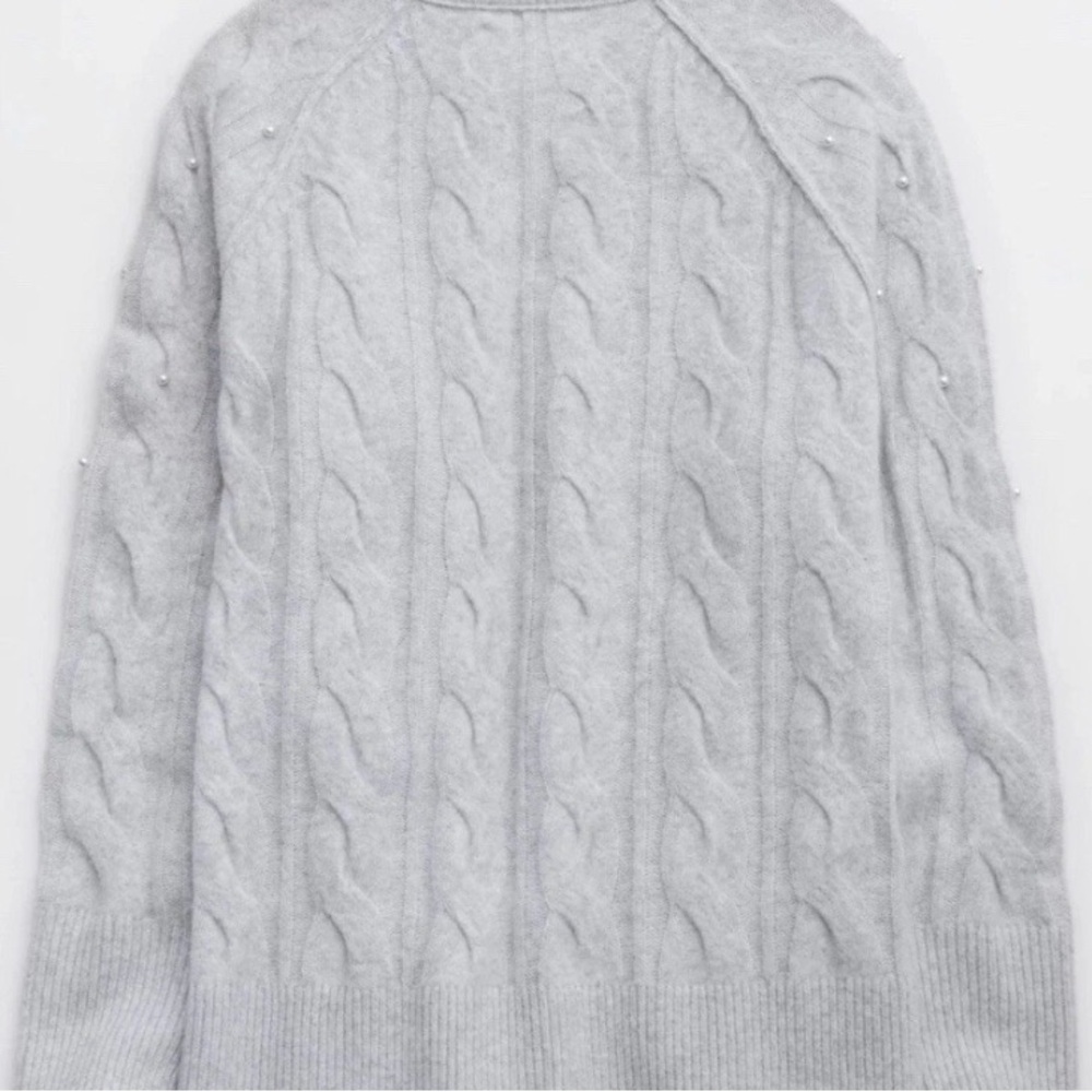 aerie Light Gray Pearl-Embellished Cable Knit Crewneck Sweater M - Picture 5 of 9